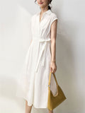 Female Summer French Style Cotton Short Sleeve Tie-Waist Midi Dress