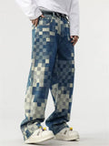 Men's Casual Streetwear Mosaic Checkered Loose Fit Straight Jeans