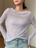 Women's Loose Comfy Hollow Solid Color Round Neck Long Sleeve Shirts