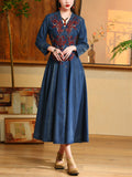 Women’s Autumn Elegant V-Neck Embroidery Denim Pleated Dress