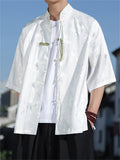 Men's Chinese-style Stand Collar Half Sleeve Bamboo Jacquard Shirt