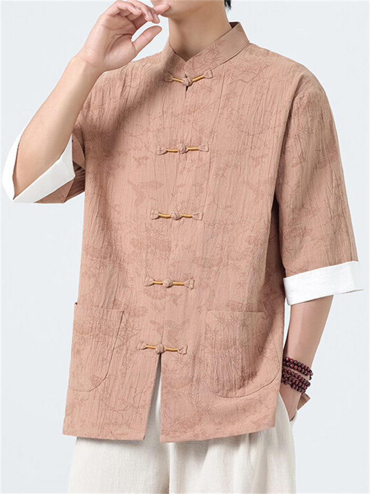 Men's Casual Chinese Style Print Stand Collar Tang Suit Shirt