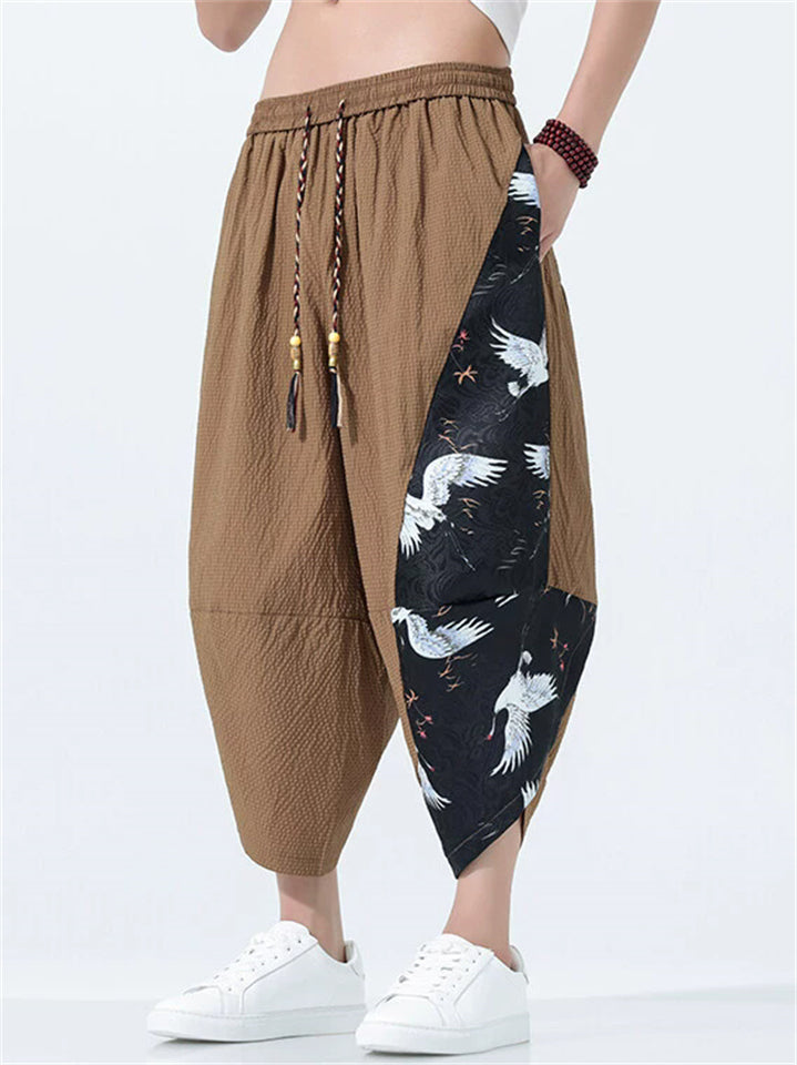 Men's Ethinic Style Quick Dry Crane Print Baggy Harem Pants