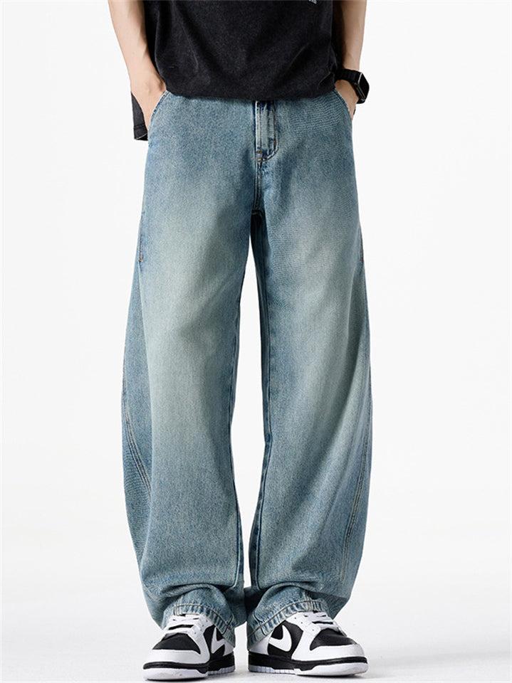 Men Summer Baggy Jeans Wash Elastic Waist Loose Curved Leg Denim Pants