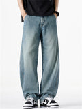 Men Summer Baggy Jeans Wash Elastic Waist Loose Curved Leg Denim Pants