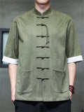 Men's Faux Suede Chinese Kung Fu Short Sleeve Frog Button Shirts