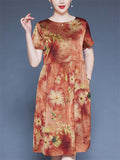 Women's Loose  Floral Print O-neck Short Sleeve Dress
