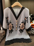 Women's Dragon Scale Knitting Floral Print Breathable V Neck Shirt with Fringe