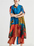 Women's 2Pcs Summer Flowers Print  Round Neck Top & Cropped Pants