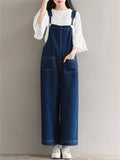 Female Solid Color Wide Leg Demin Overall Cropped Jumpsuits