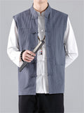 Men's Stand Collar Knot Button Patch Pocket Plain Linen Vest