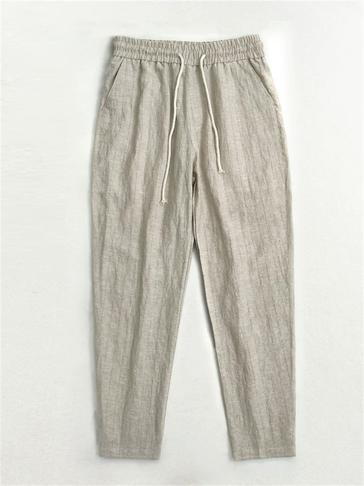 Mens Summer Striped Linen Blend Drawstring Cropped Beach Pants
