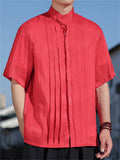Men's Chinese Style Stand Collar Pleated Short Sleeve Shirts