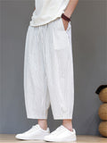 Mens Summer Striped Cotton Linen Loose Baggy Harem Pants