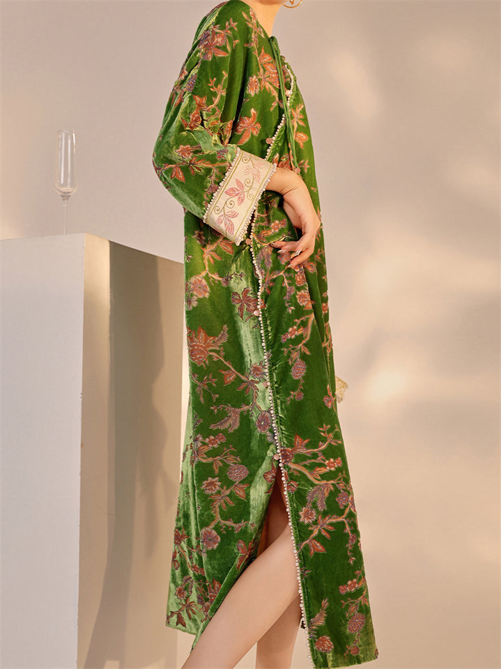 Chinese Style 3/4 Sleeve Retro Jacquard Beads Split Dress for Women