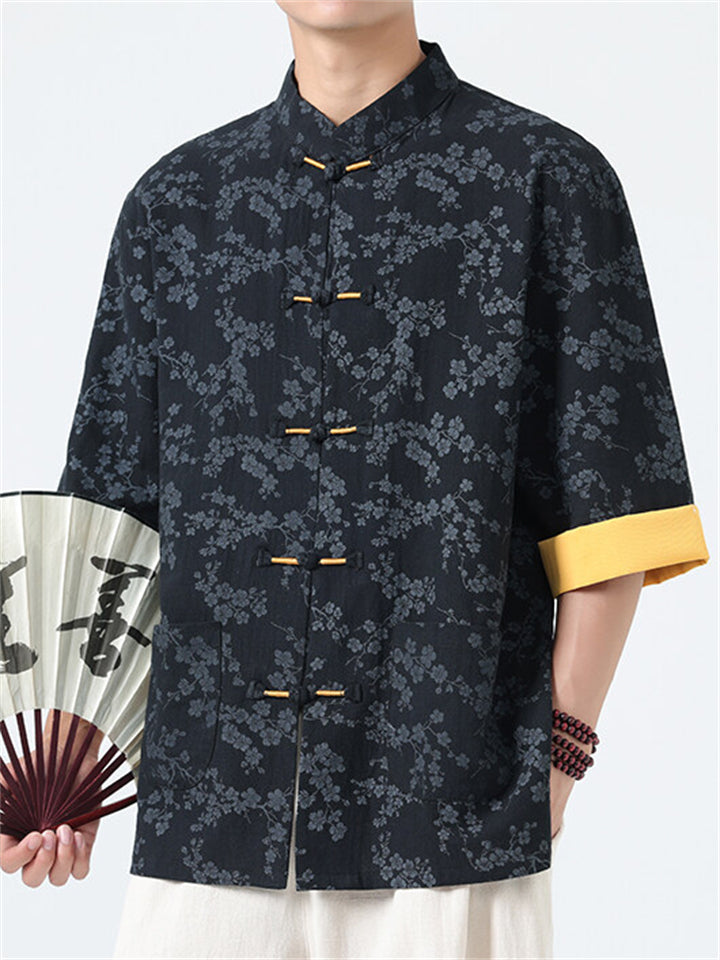 Men's Casual Chinese Style Print Contrast Color TangSuit Shirt