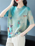 Women's Loose Butterfly Print Round Neck Short Sleeve Knit T-Shirts