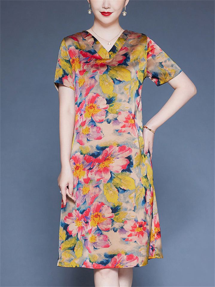 Flower Print V-neck Short Sleeve A-Line Dress for Women