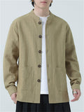 Men's Cotton Linen Mandarin Collar Casual Button Long Sleeve Outwear