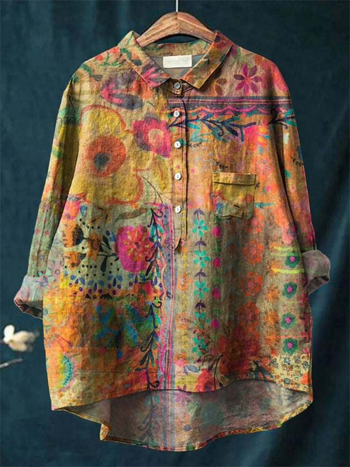 Women's Casual Retro Printed Long Sleeve Lapel Shirts