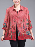 Women's Plus Size Casual Summer Flowers Print  3/4 Sleeve Shirt