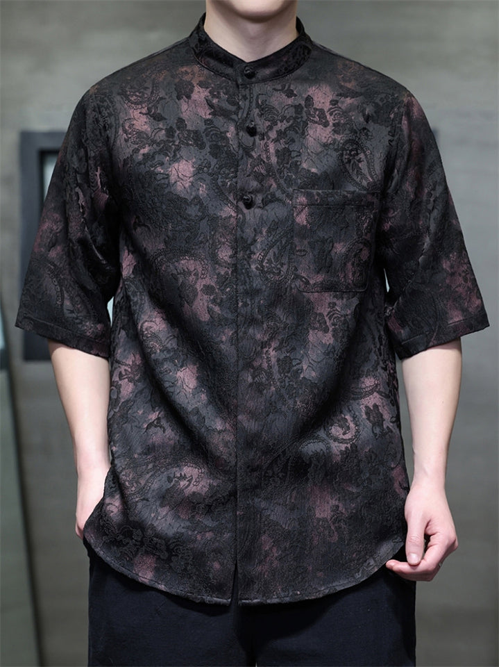 Men's Chinese Style Tie-dye Jacquard Mandarin Collar Short Sleeve Shirts