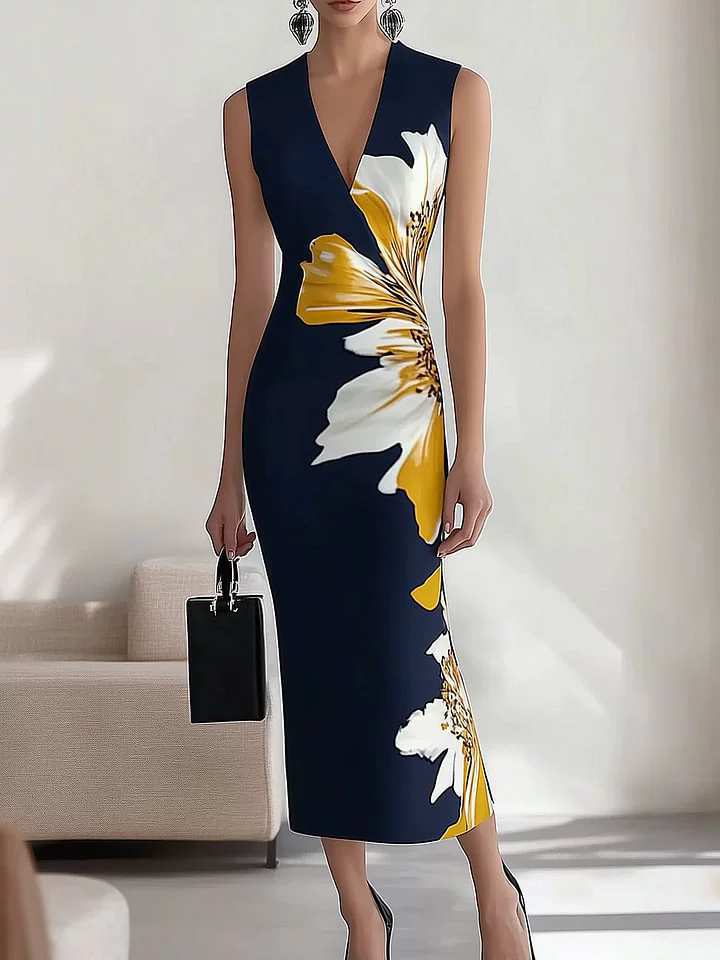 Women's Summer Elegant Flowers Printed V Neck Sleeveless Dress