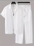 Men's 2Pcs Summer Stripe Single Breasted Lapel Solid Color Outfits