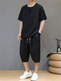 Men's 2Pcs Cool Casual Floral Print Quarter Button Round Neck TangSuit Outfits