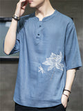Summer Men's Linen Lotus Embroidery Half Sleeve Shirts