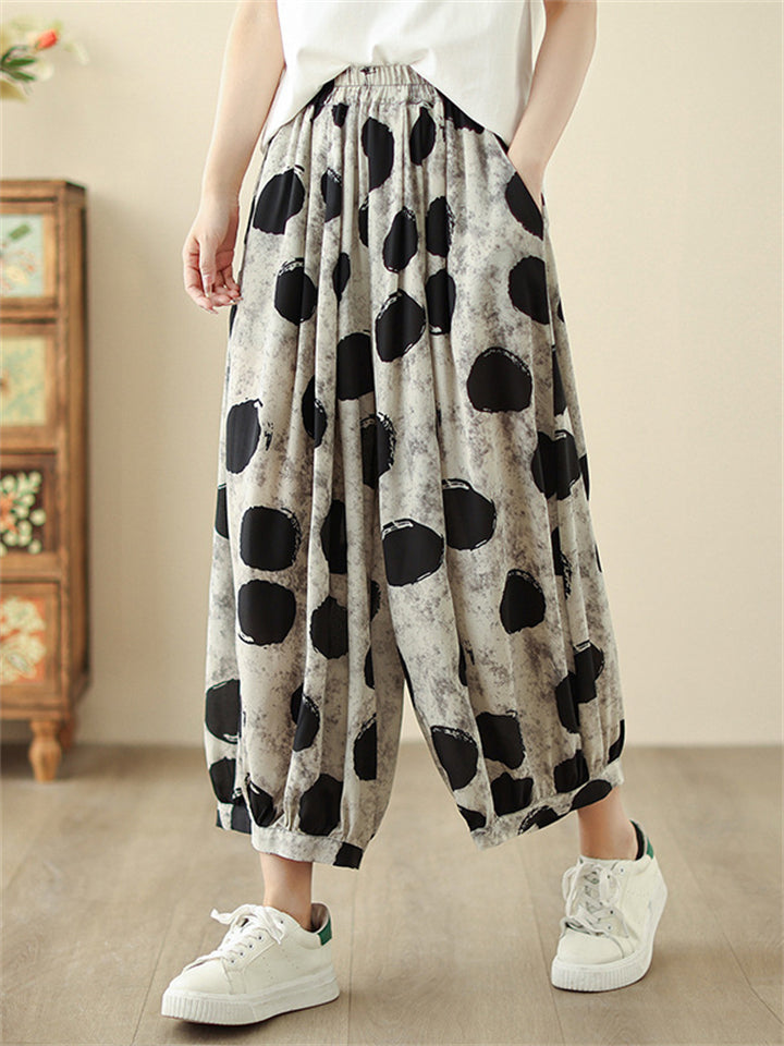 Women's Polka Dots Elastic Waist Pockets Cropped Pants