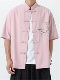 Men's Chinese Style Leaf Printed Stand Collar Short Sleeve Shirt