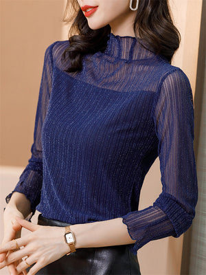 Women's High Neck Mesh Patchwork Long-sleeve Undershirt