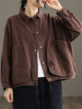 Korean Style Long Sleeve Women Cotton Lapel Pockets Jacket