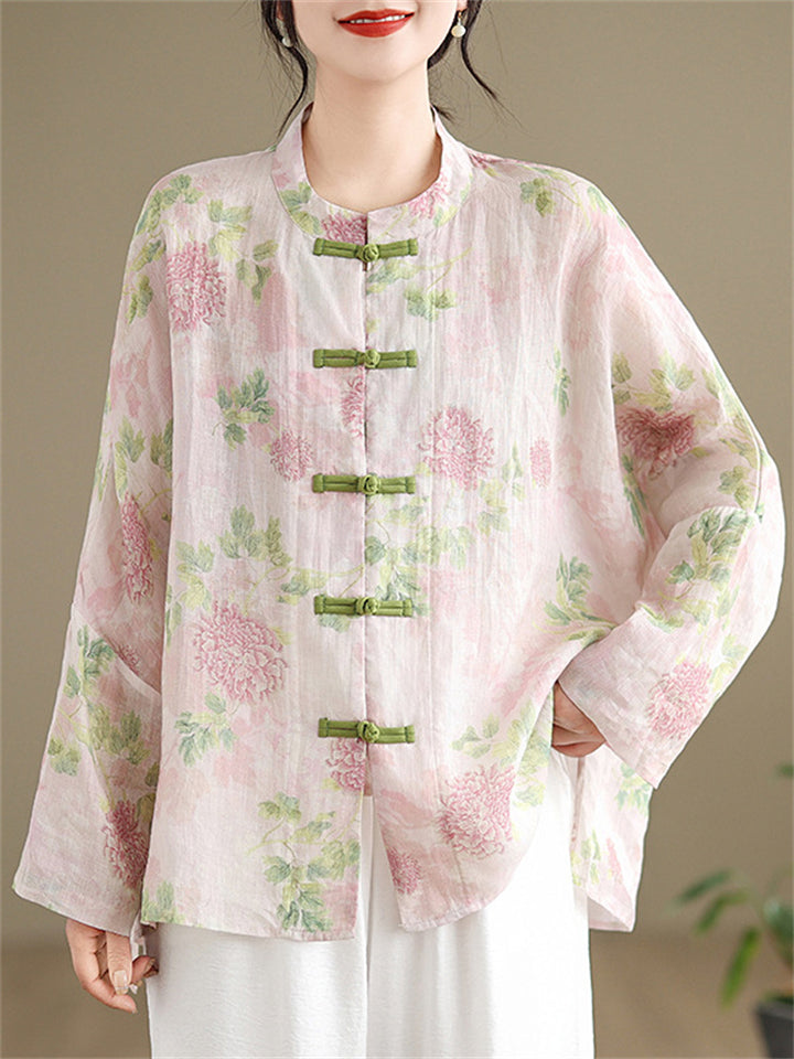 Women's Chinese Style Printed Frog Button Long Sleeve Tangsuit Shirt