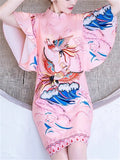 Women's Pink Elegant Phoenix Printed QIPAO Style Knee Length Dress