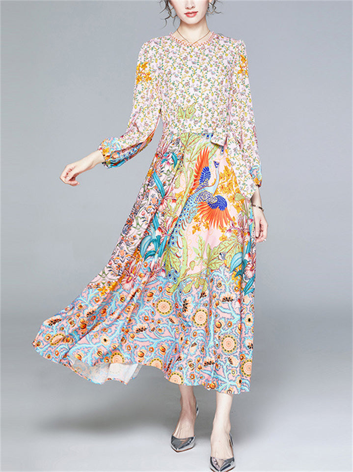 Women's Beautiful Long Sleeve Floral Printed O-neck Dress