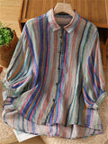 Women's Summer Elegant Retro Striped Button Up Half Sleeve Shirts
