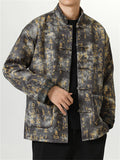 ‌Men's Chinese Style Mandarin Collar Jacket with Ancient Script Print