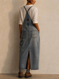 Womens Distressed Denim Overall Maxi Dress