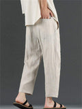 Men's Simple Chinese Style Solid Color Linen Straight Cropped Pants