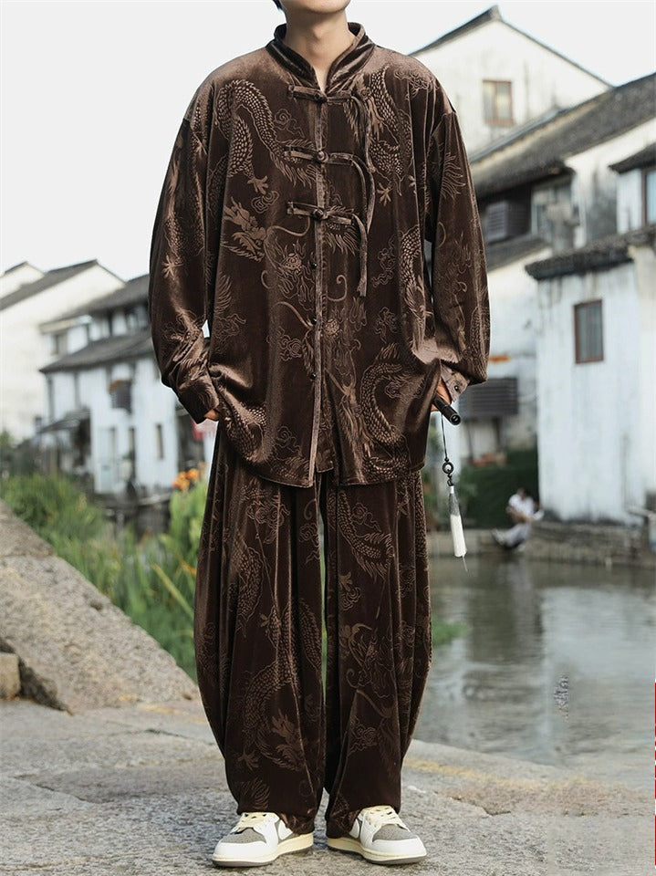 Men's 2Pcs Autumn Chinese Loong Printed Velvet Frog Button Long Sleeve Outfits