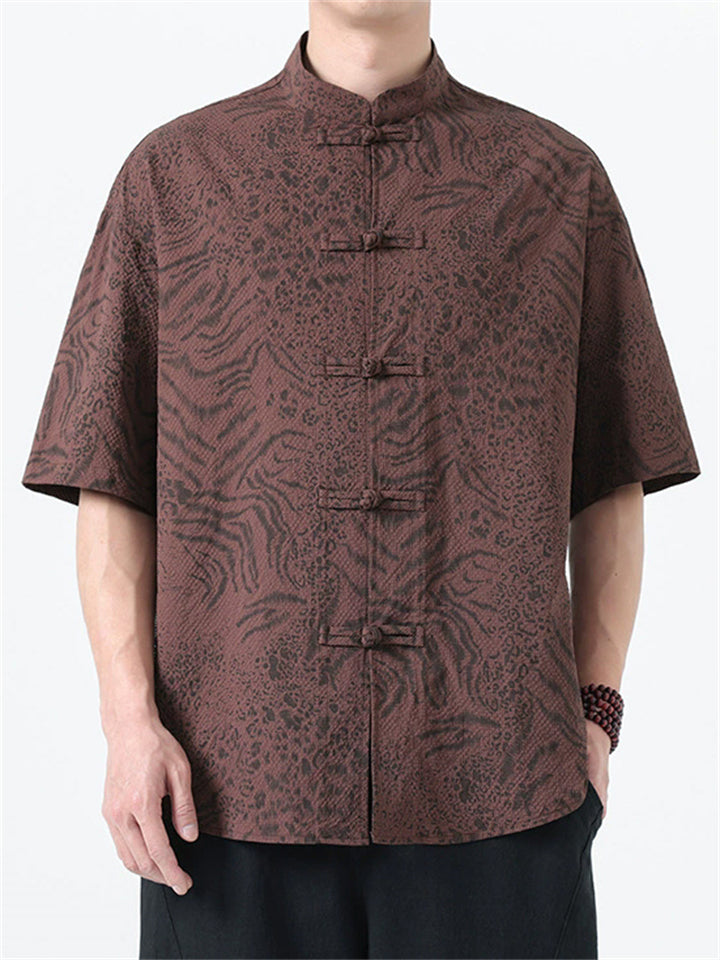 Men's Chinese Style Jacquard Loose Stand Collar Summer Short Sleeve Shirts