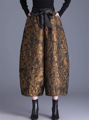 Women's Embossed Jacquard Tie-Waist Wide Leg Cropped Bloomers Pants