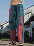 Mens Patchwork Color Block Cotton Linen Loose Harem Cropped Pants