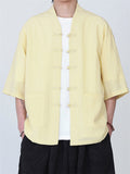 Men's Casual Simple Zen Style V Neck Frog Button Short Sleeve Shirts