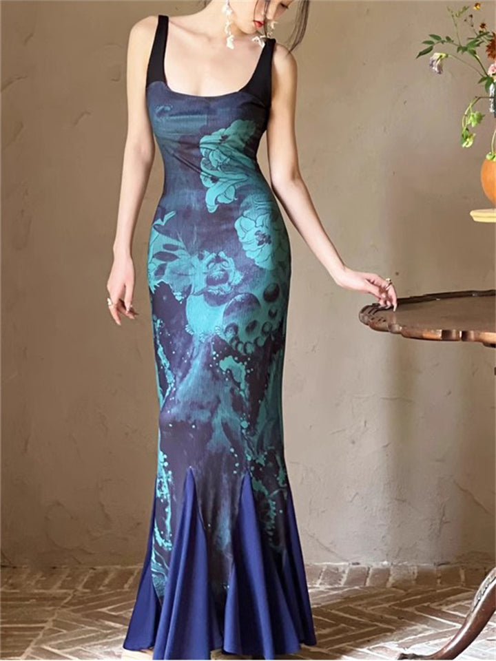 Women's Slim Elastic Square Neck Sleeveless Backless Maxi Dress