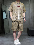 Men's 2Pcs Summer Jacquard Stand Collar Short Sleeve Solid Color Outfits