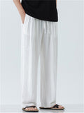 Mens Vintage Summer Linen Blend Loose Fit Casual Beach Wide Leg Pants