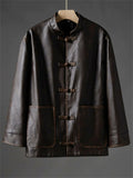 Men's Autumn Chinese Style Faux Leather Pockets Frog Button Coats